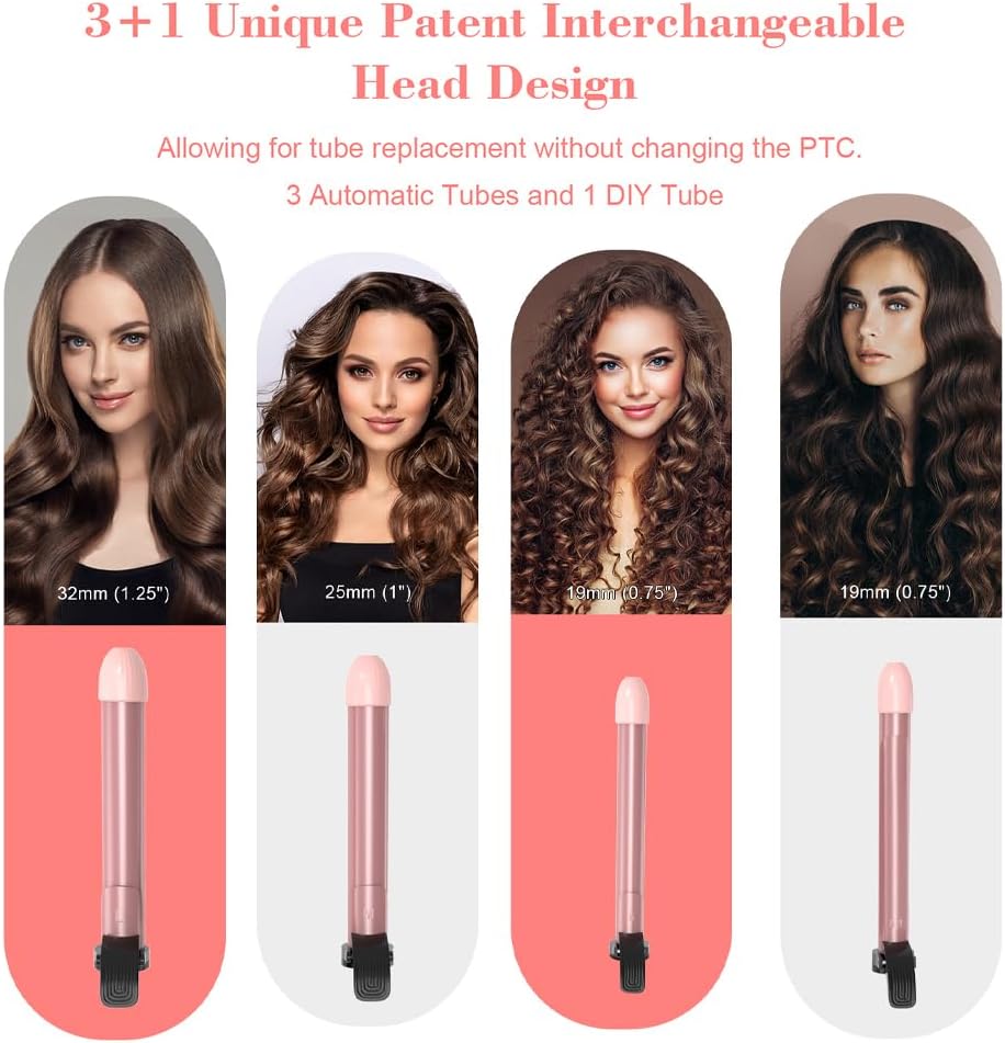 Bestauty Automatic Hair Curler, 4 in 1 Hair Curler with 19-32mm Interchangeable Ceramic Curling Tongs, 360° Rotating 160-220° C Curling Iron, Dual Voltage(Pink)