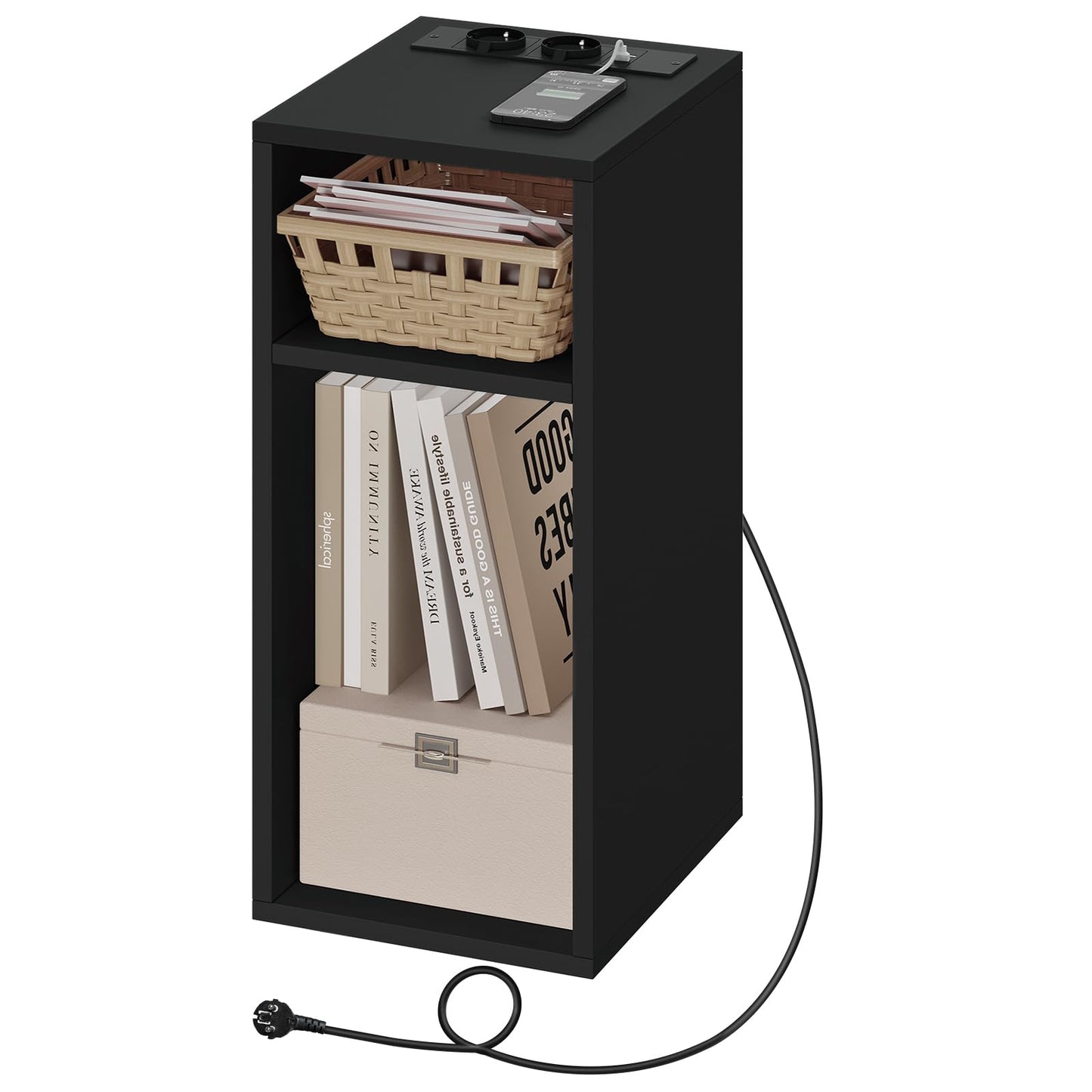 WOLTU Bedside Table, Nightstand with Charging Station with 2 Sockets and 2 USB Ports, Light Woodlook Side Table with 2 Open Compartments, Narrow Table for Living Room and Bedroom, 25x30x60cm, NTS06hei