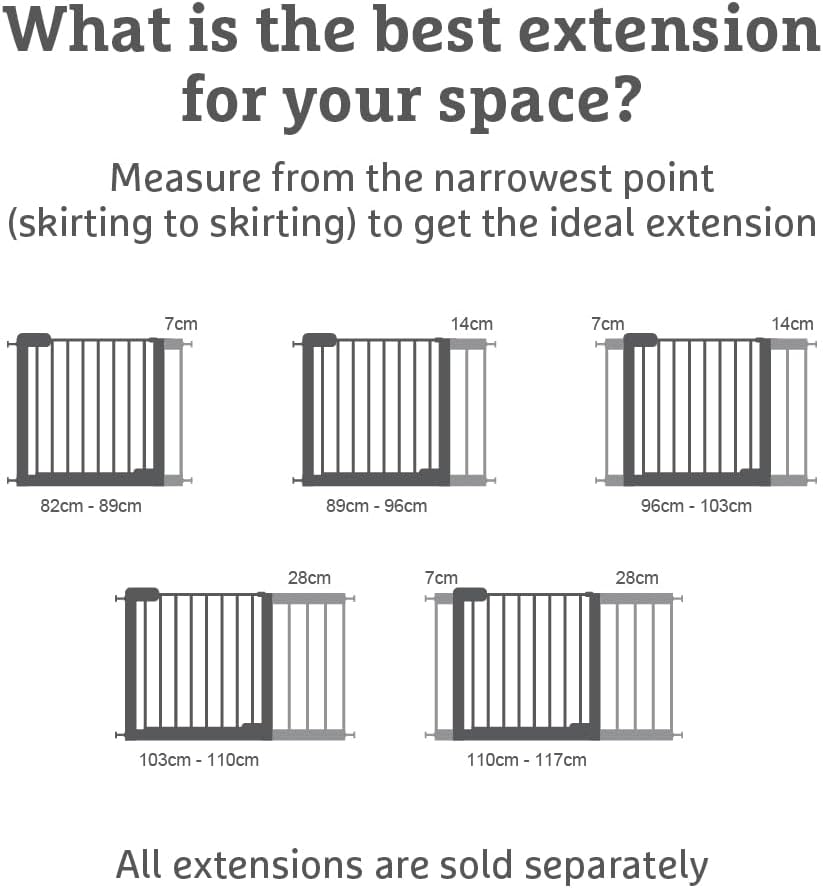 Munchkin Stair Gate Maxi Secure Toddler & Baby Gate 76-82cm extends up to 117cm with separately sold extensions | Pressure Fit Baby Safety & Dog Gate for Doorways | No-Screw Install Child Gate, White