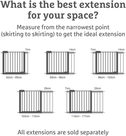 Munchkin Stair Gate Maxi Secure Toddler & Baby Gate 76-82cm extends up to 117cm with separately sold extensions | Pressure Fit Baby Safety & Dog Gate for Doorways | No-Screw Install Child Gate, White