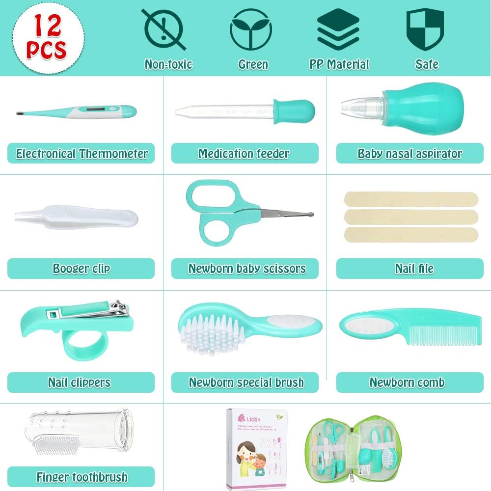 Baby Grooming Kit Newborn Care - 10PCS Baby Health Care Set Portable Baby Care Kit, Safety Cutter Baby Nail Kit for Nursing Baby Heath and Grooming (Mint Green)