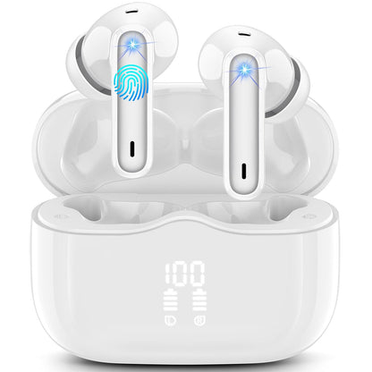 Wireless Earbuds, Bluetooth 5.3 Headphones in Ear with HiFi Stereo Deep Bass, 4 ENC Noise Cancelling Mic Wireless Earphones 40H Playtime, Bluetooth Earbuds Dual LED Display, IP7 Waterproof, Snow White