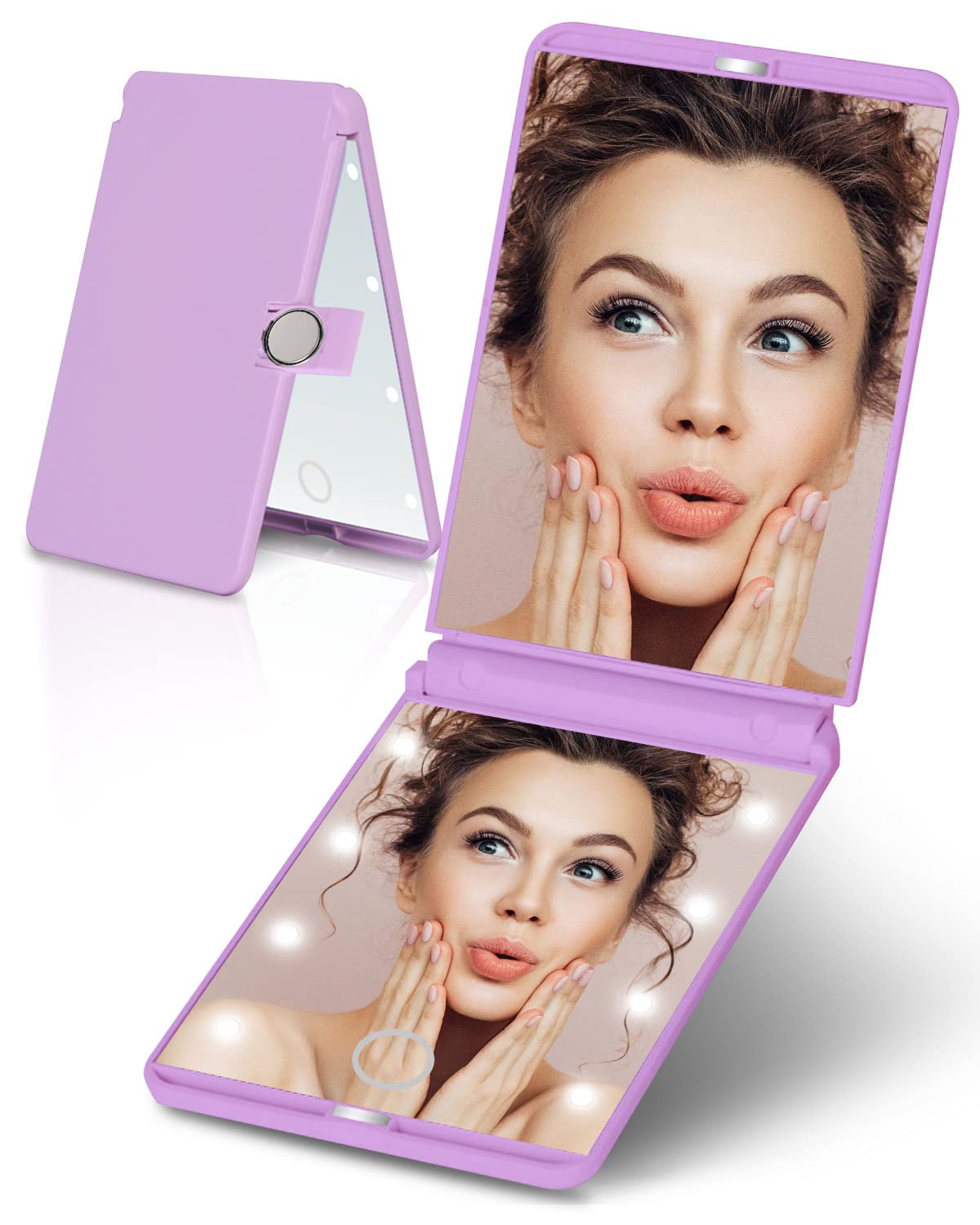 Victoper Rantizon Portable Makeup Mirror Dimmable 8 LEDs Lighted Mirror 1X & 2X Magnification Cosmetic Illuminated Handbag Mirror Foldable Double Facettes Pocket Mirror Compact Mirror…