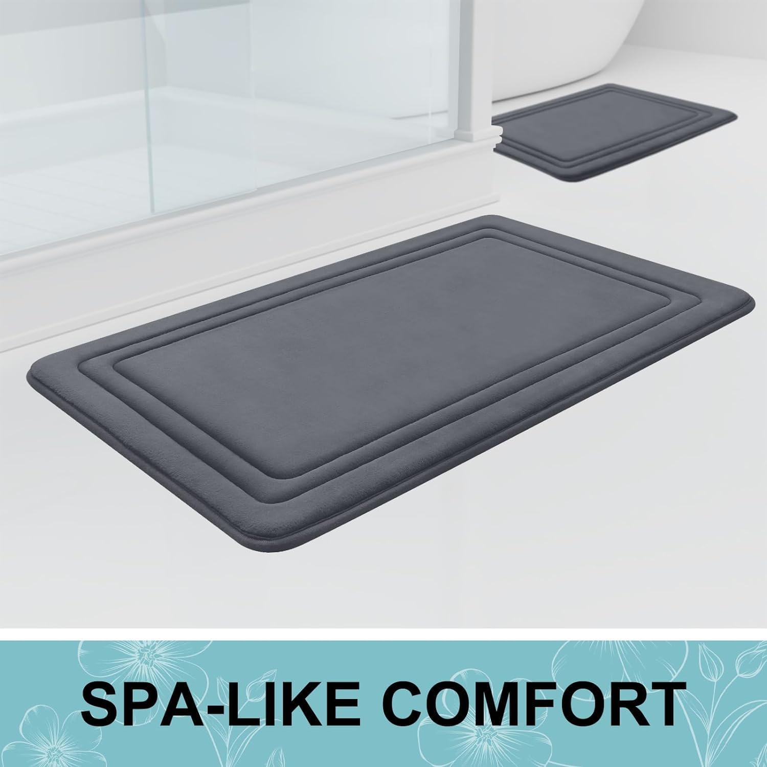 smiry Memory Foam Bath Mat - 40 x 60cm, Non-Slip, Super Absorbent, Comfortable - Machine-Washable Floor Rug, Dark Grey