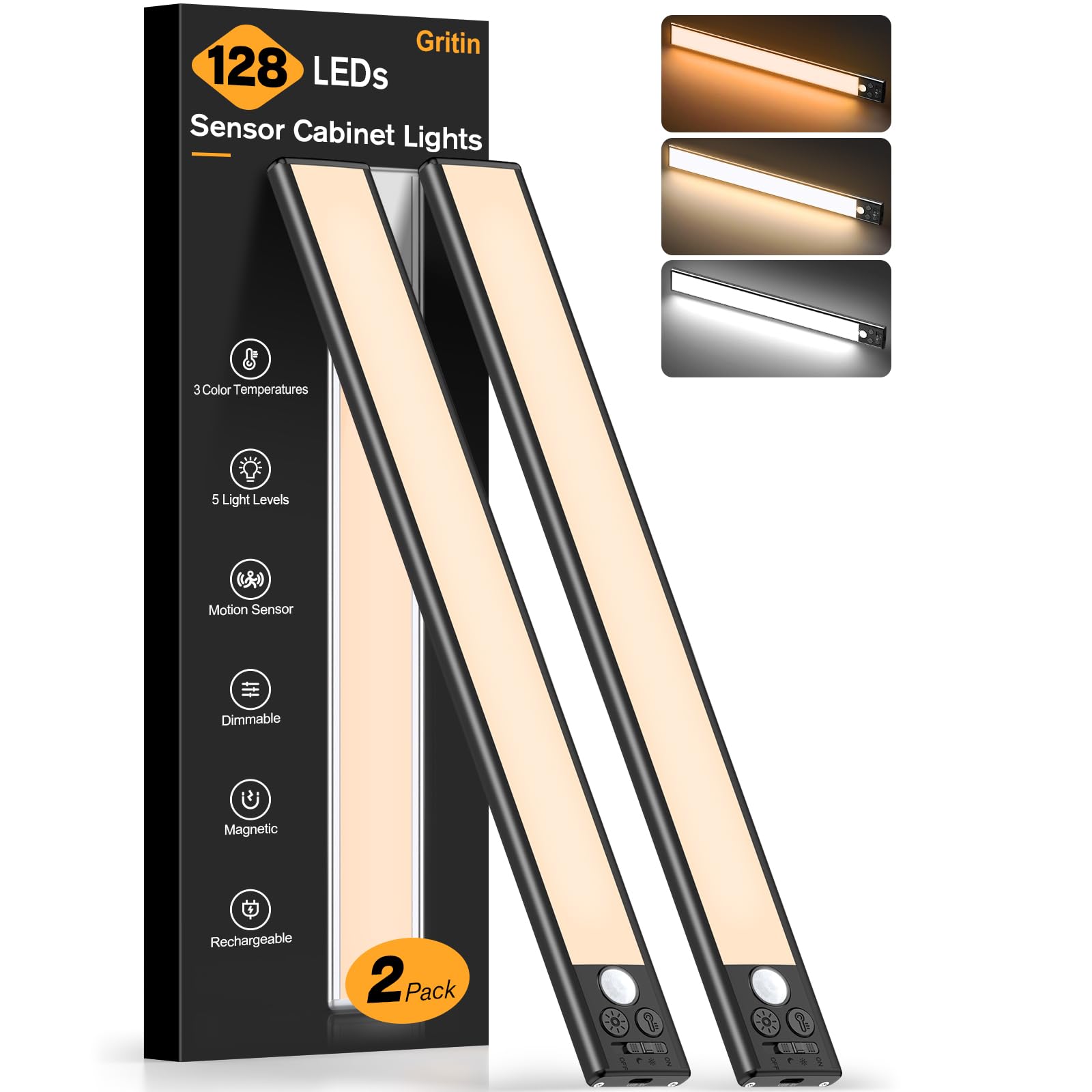 Gritin Under Cabinet Kitchen Lights-84 LED Super Bright,3-Color&5-Brightness,4 Modes,Motion Sensor,Rechargeable 1800mAh Long Lasting-Easy Installation Strong Magnetic Under Closet Light-2 Pack