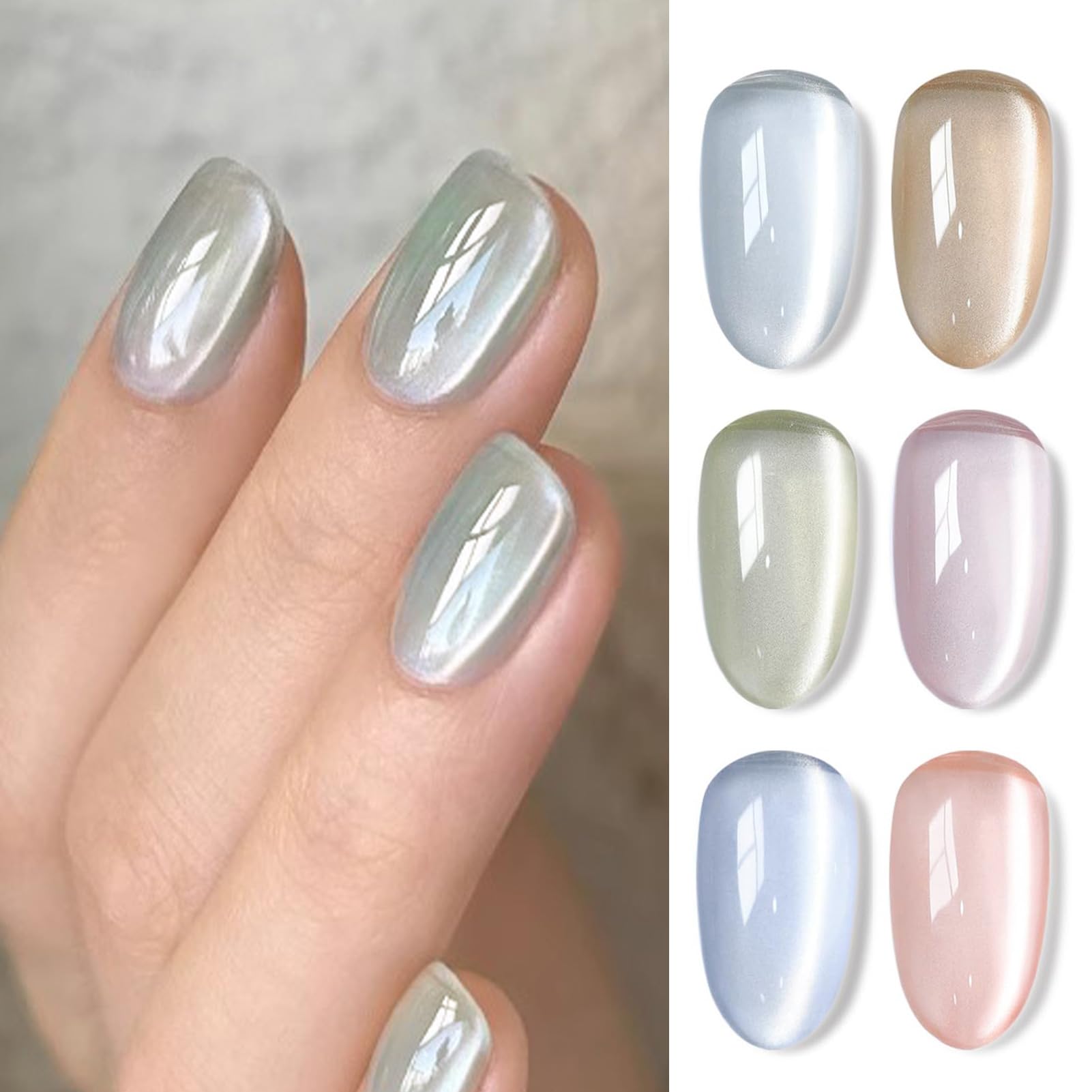 BORN PRETTY 6 Colors Jelly Nude Pink Cat Magnetic Eye Gel Polish Set with Magnet, Soak-Off U V/LED Iridescent Cat Gel for Nail Art Salon DIY Home