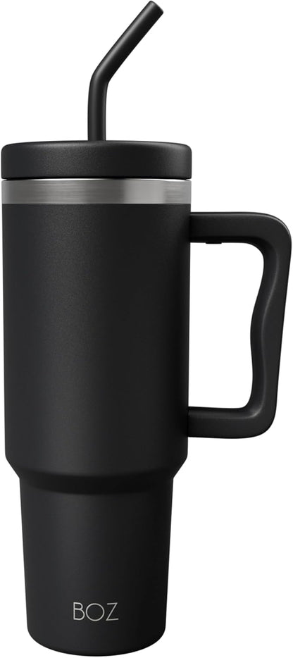 BOZ 40 oz Tumbler with Handle and Straw Lid - Cupholder-Friendly, Insulated Stainless Steel Water Bottle, Reusable Travel Mug, Ideal for Hot & Cold Beverages (Black)
