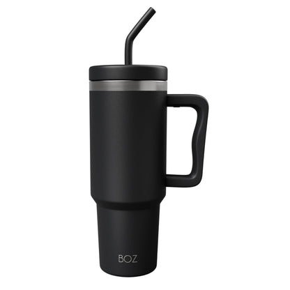BOZ 40 oz Tumbler with Handle and Straw Lid - Cupholder-Friendly, Insulated Stainless Steel Water Bottle, Reusable Travel Mug, Ideal for Hot & Cold Beverages (Black)