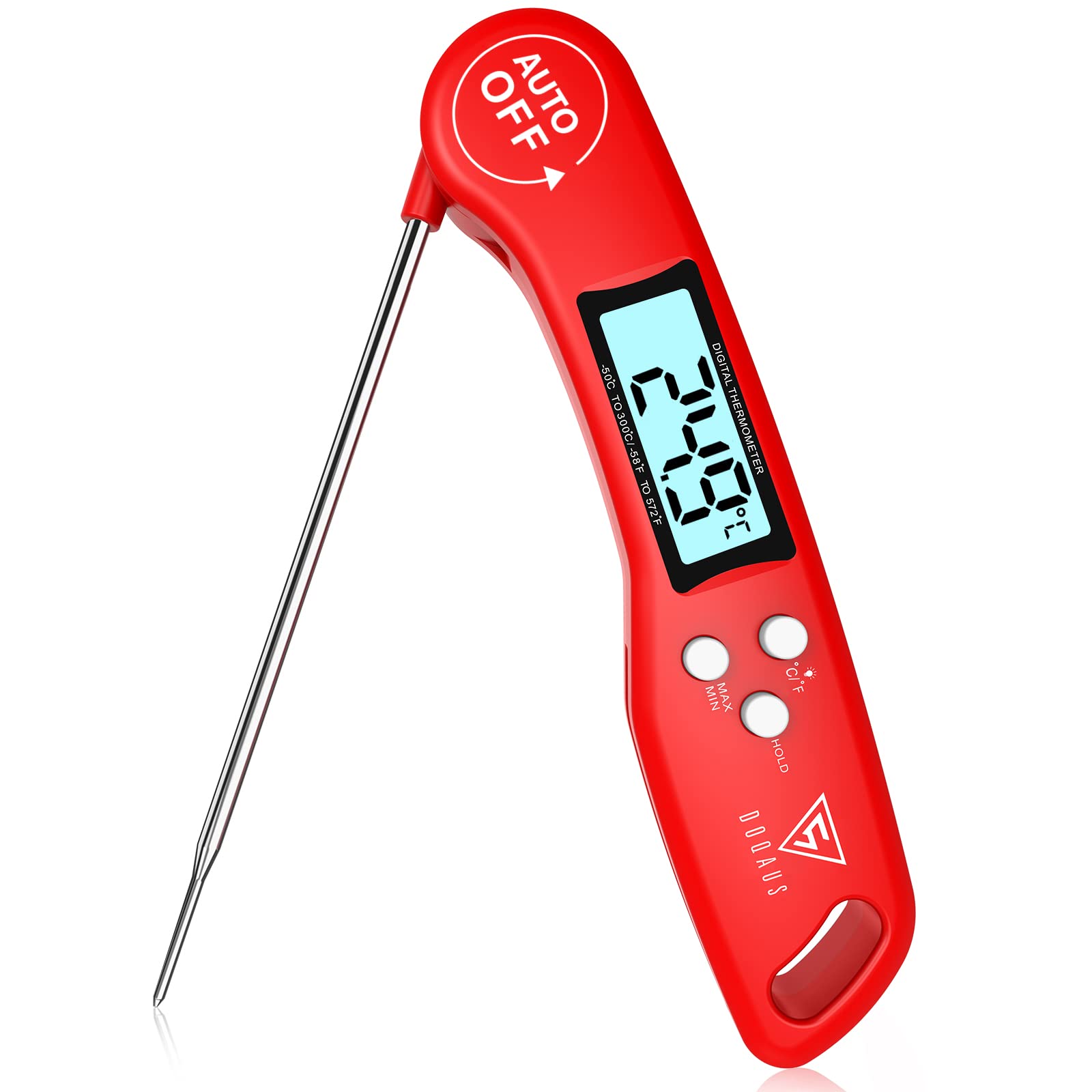DOQAUS Food Thermometer, Instant Read Meat Thermometers, Digital Cooking Thermometer, Backlight LCD Screen Foldable Long Probe, Auto On/Off, Perfect for Kitchen Cooking, BBQ, Water,Meat, Milk(Orange)