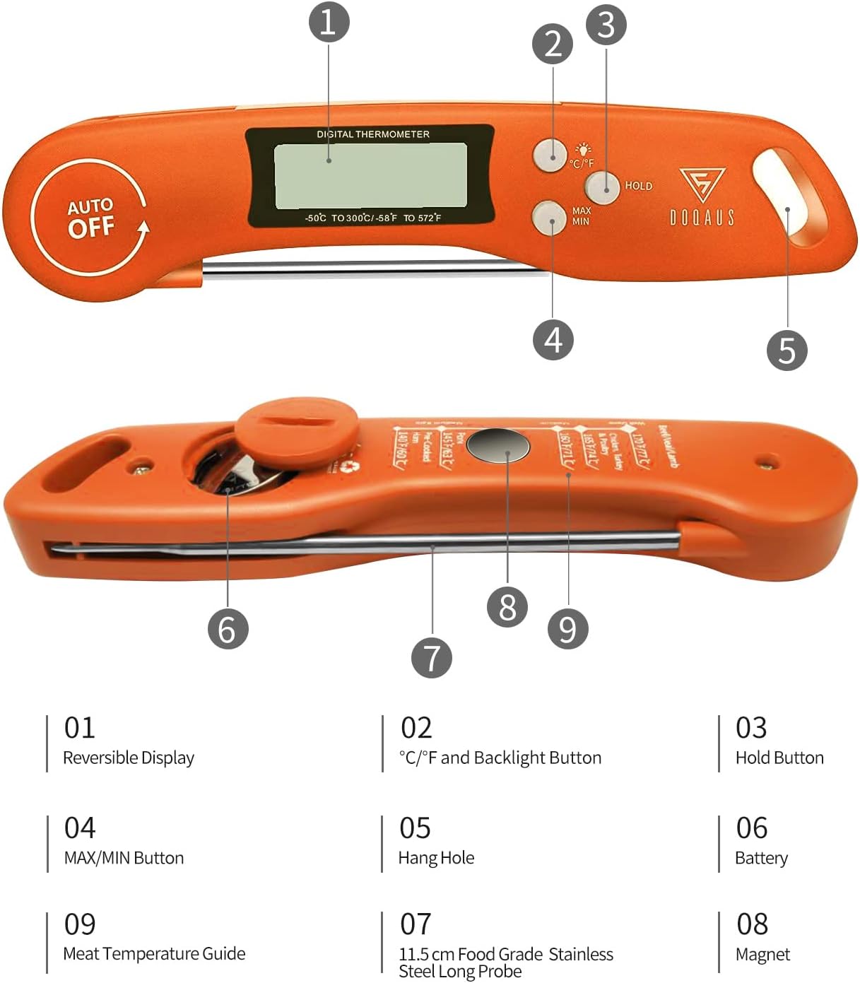 DOQAUS Food Thermometer, Instant Read Meat Thermometers, Digital Cooking Thermometer, Backlight LCD Screen Foldable Long Probe, Auto On/Off, Perfect for Kitchen Cooking, BBQ, Water,Meat, Milk(Orange)