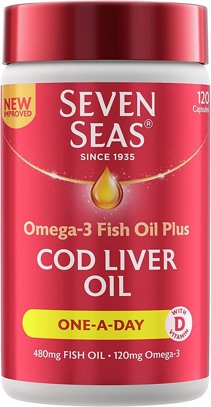 Seven Seas Cod Liver Oil Tablets With Omega-3, Fish Oil, One A Day, 4 Months Supply (120 Capsules), EPA & DHA, With High Strength Vitamin D & A