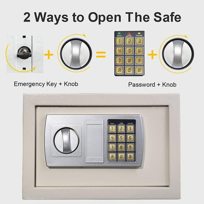 Safes for Home Fireproof Waterproof with 2 Manual Override Keys, 8.5L Security Safe Cash Box with Double Digital Keypad and Safety Key Lock Cabinet Safes, White