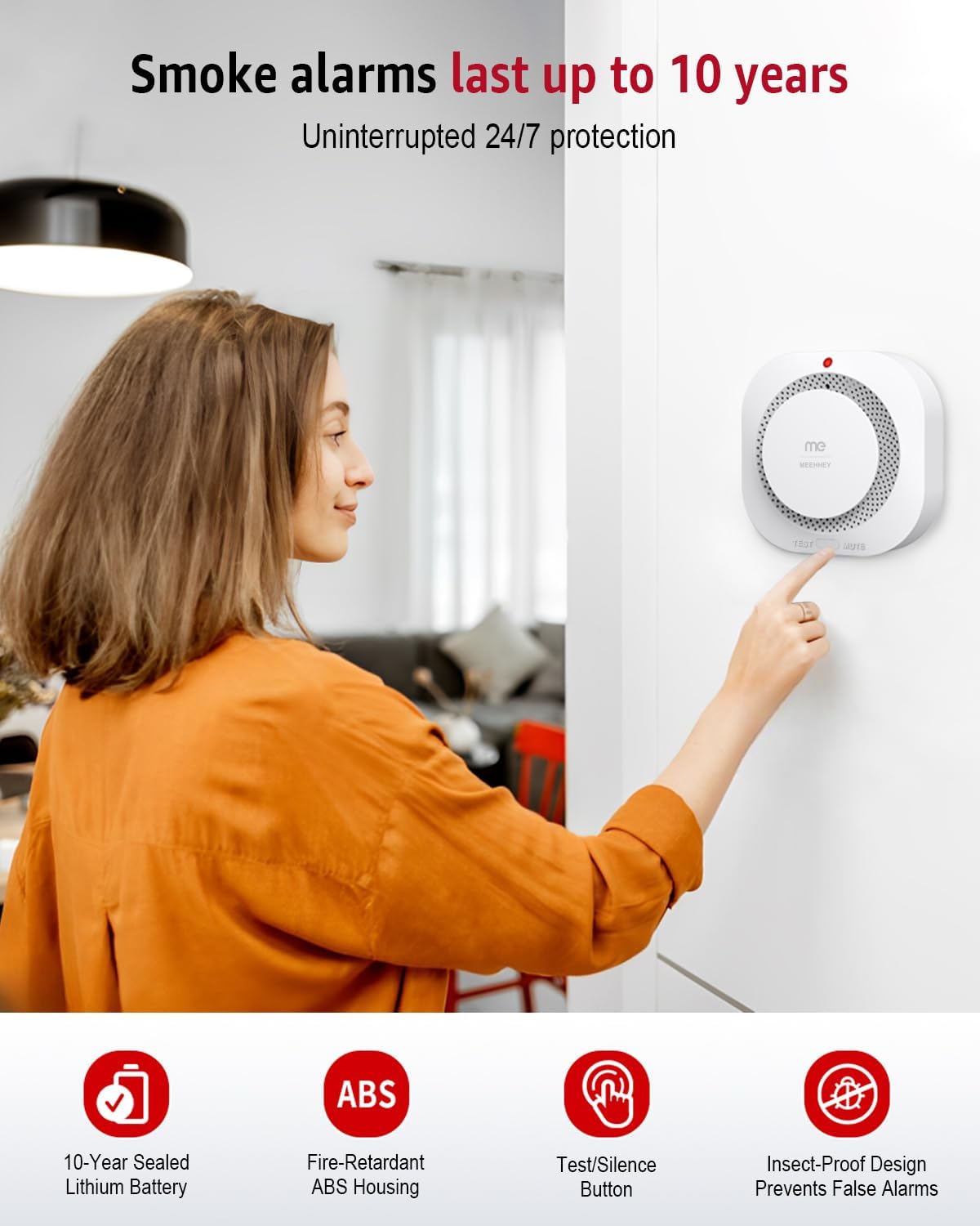 Smoke Alarms for Home, Smoke Alarm with 10 Years Life, Optical Fire Alarms for Home with LED Indicator and 80dB Audible, Smoke Detector Supplied with Fixing Kit Fully Certified