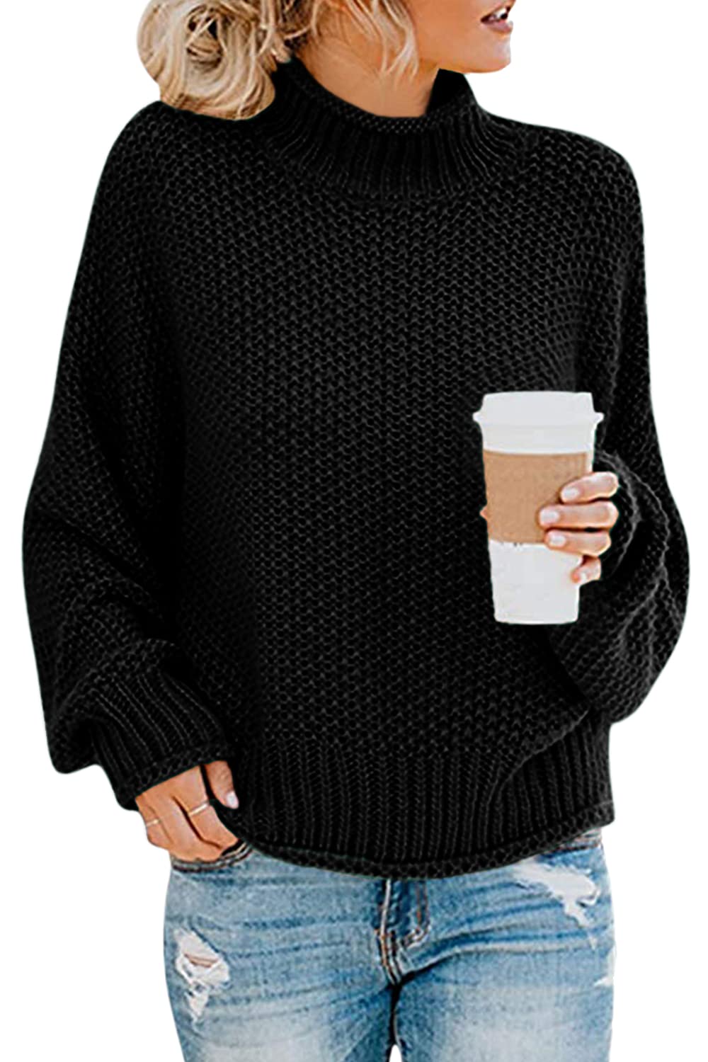Women's Turtleneck Jumpers Casual Batwing Sweaters Long Sleeve Pullover Loose Chunky Knitted Jumper Tops