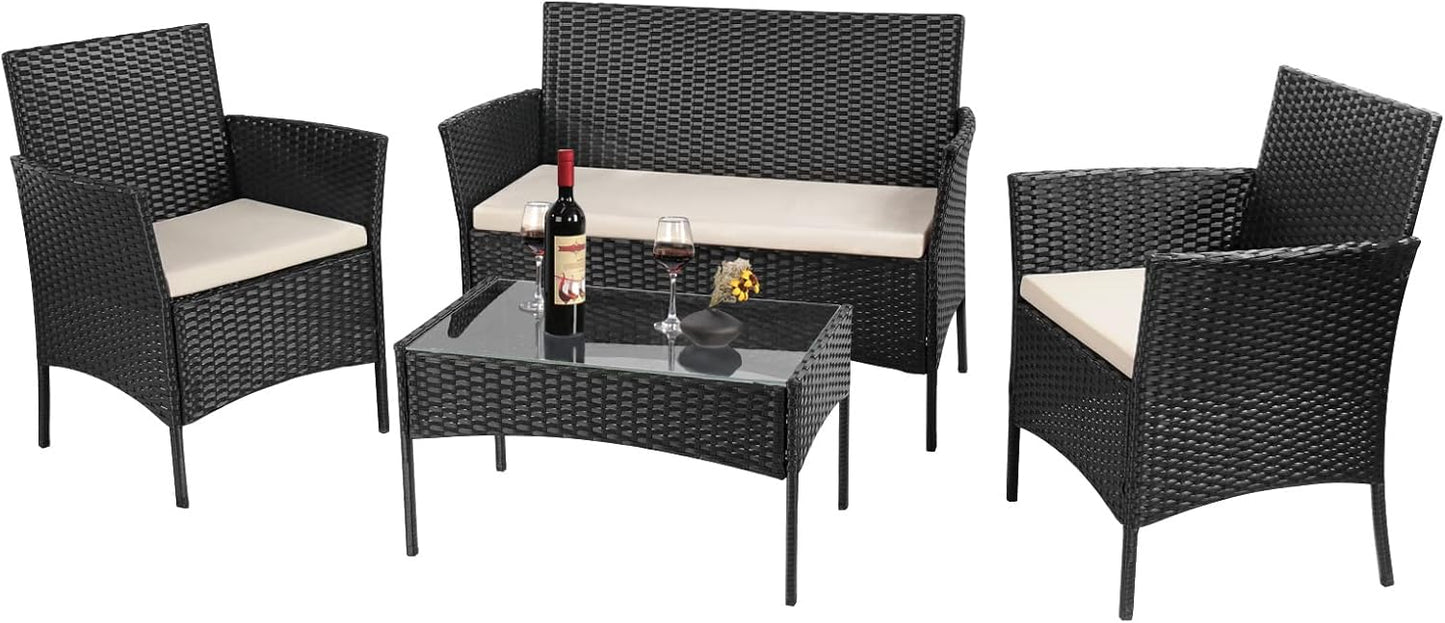 bigzzia Rattan Garden Furniture Set, 4 piece Patio Rattan furniture sofa Weaving Wicker includes 2 Armchairs,1 Double seat Sofa and 1 table (Black)