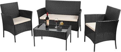bigzzia Rattan Garden Furniture Set, 4 piece Patio Rattan furniture sofa Weaving Wicker includes 2 Armchairs,1 Double seat Sofa and 1 table (Black)