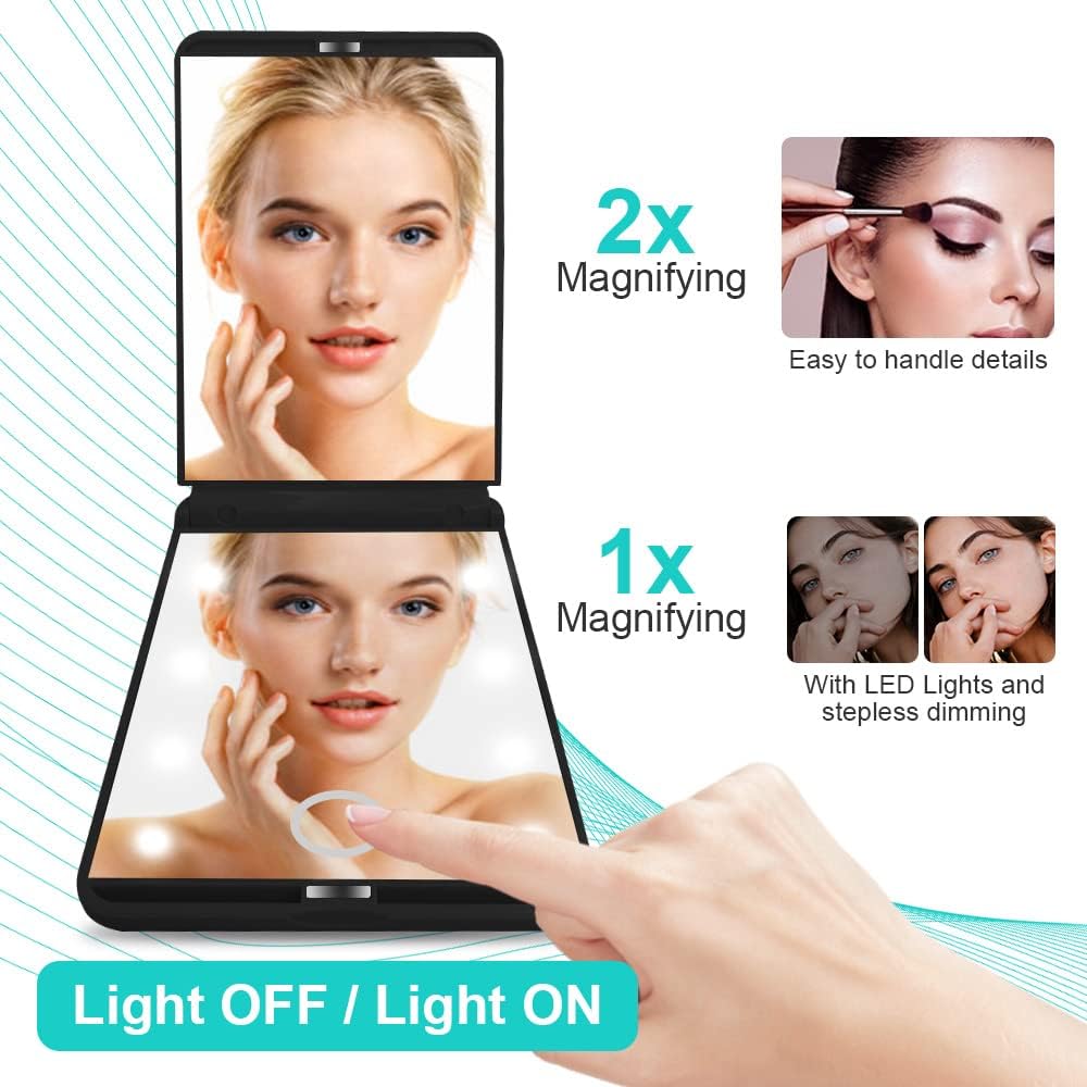Victoper Rantizon Portable Makeup Mirror Dimmable 8 LEDs Lighted Mirror 1X & 2X Magnification Cosmetic Illuminated Handbag Mirror Foldable Double Facettes Pocket Mirror Compact Mirror…