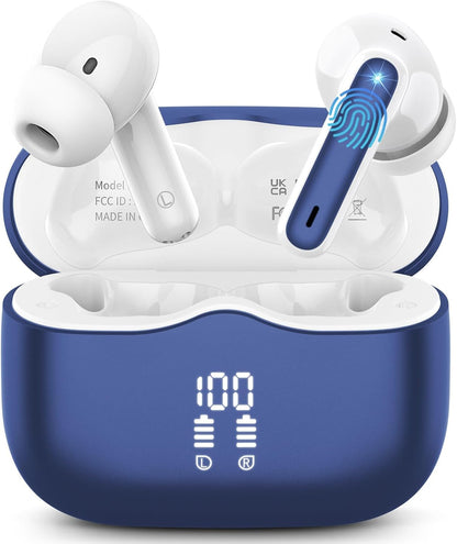 Wireless Earbuds, Bluetooth 5.3 Headphones in Ear with HiFi Stereo Deep Bass, 4 ENC Noise Cancelling Mic Wireless Earphones 40H Playtime, Bluetooth Earbuds Dual LED Display, IP7 Waterproof, Blue