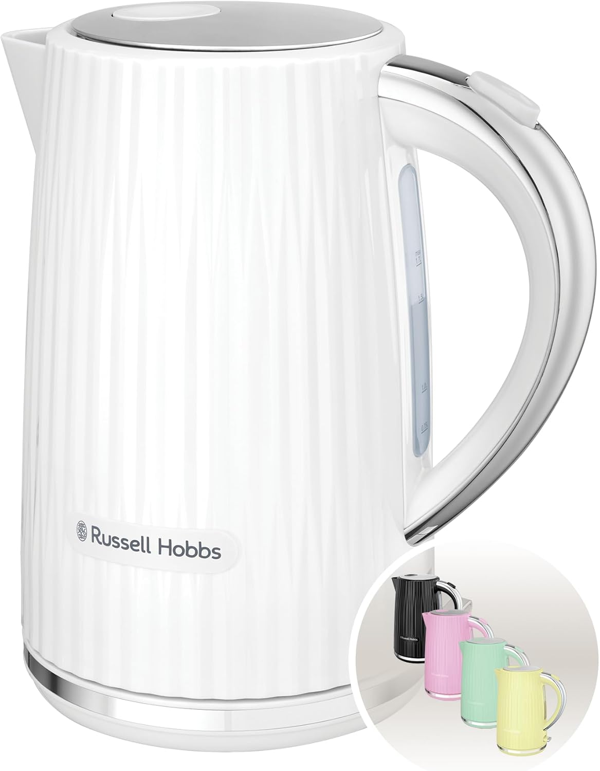 Russell Hobbs Electric Kettle (Hot Water, Tea or Coffee, 1.7L, Push to open lid, Perfect pour spout, Removable washable filter, Illuminated switch, Chrome accents, White, 3000W) Eden 27360