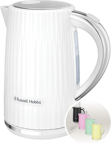 Russell Hobbs Electric Kettle (Hot Water, Tea or Coffee, 1.7L, Push to open lid, Perfect pour spout, Removable washable filter, Illuminated switch, Chrome accents, White, 3000W) Eden 27360