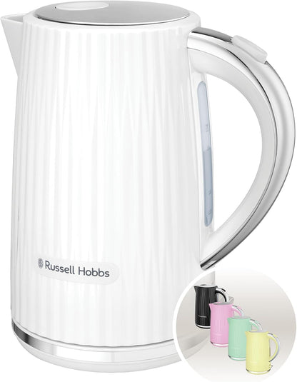 Russell Hobbs Electric Kettle (Hot Water, Tea or Coffee, 1.7L, Push to open lid, Perfect pour spout, Removable washable filter, Illuminated switch, Chrome accents, White, 3000W) Eden 27360
