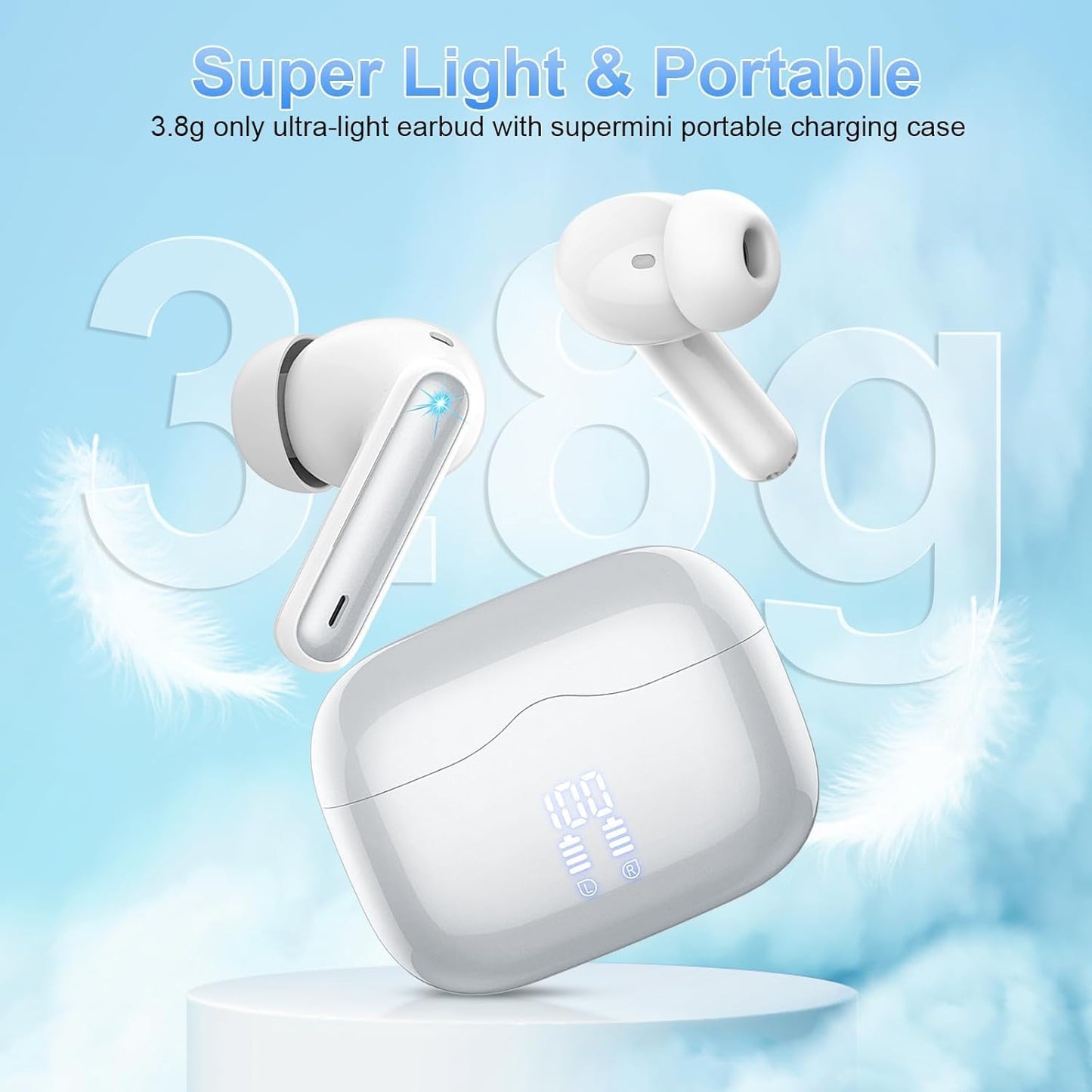 xinwld Wireless Earbuds, Bluetooth 5.3 Headphones In Ear, 4 ENC Noise Cancelling Mic Wireless Earphones, IP7 Waterproof Headphones with 40H Playtime, Mini Ultra Light, Silver
