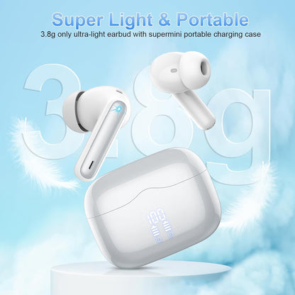 xinwld Wireless Earbuds, Bluetooth 5.3 Headphones In Ear, 4 ENC Noise Cancelling Mic Wireless Earphones, IP7 Waterproof Headphones with 40H Playtime, Mini Ultra Light, Silver