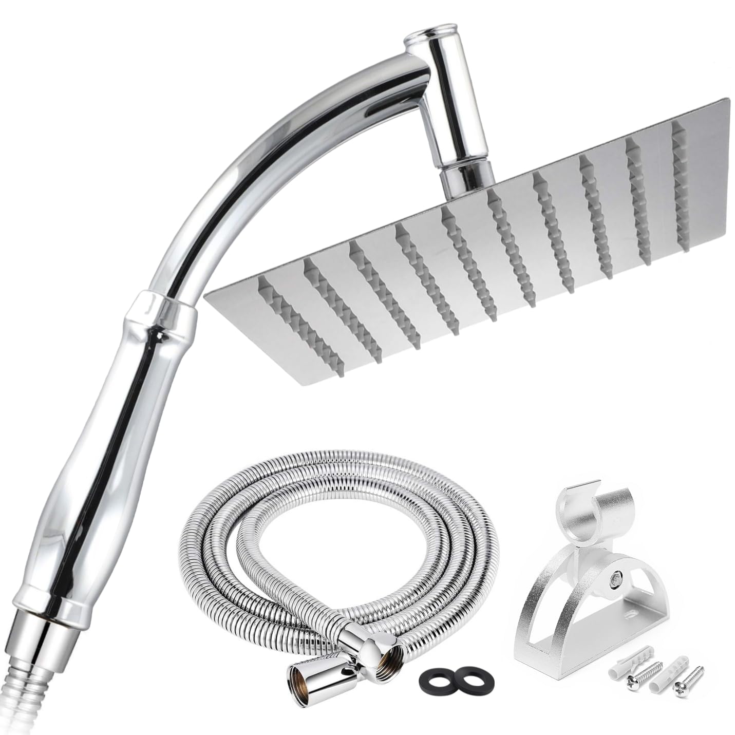 Square Rainfall Shower Head with Extension Arm - High Pressure Rain Shower Heads and Handheld Shower Arm - 8 inch Large Waterfall Chrome Showerhead, Silver