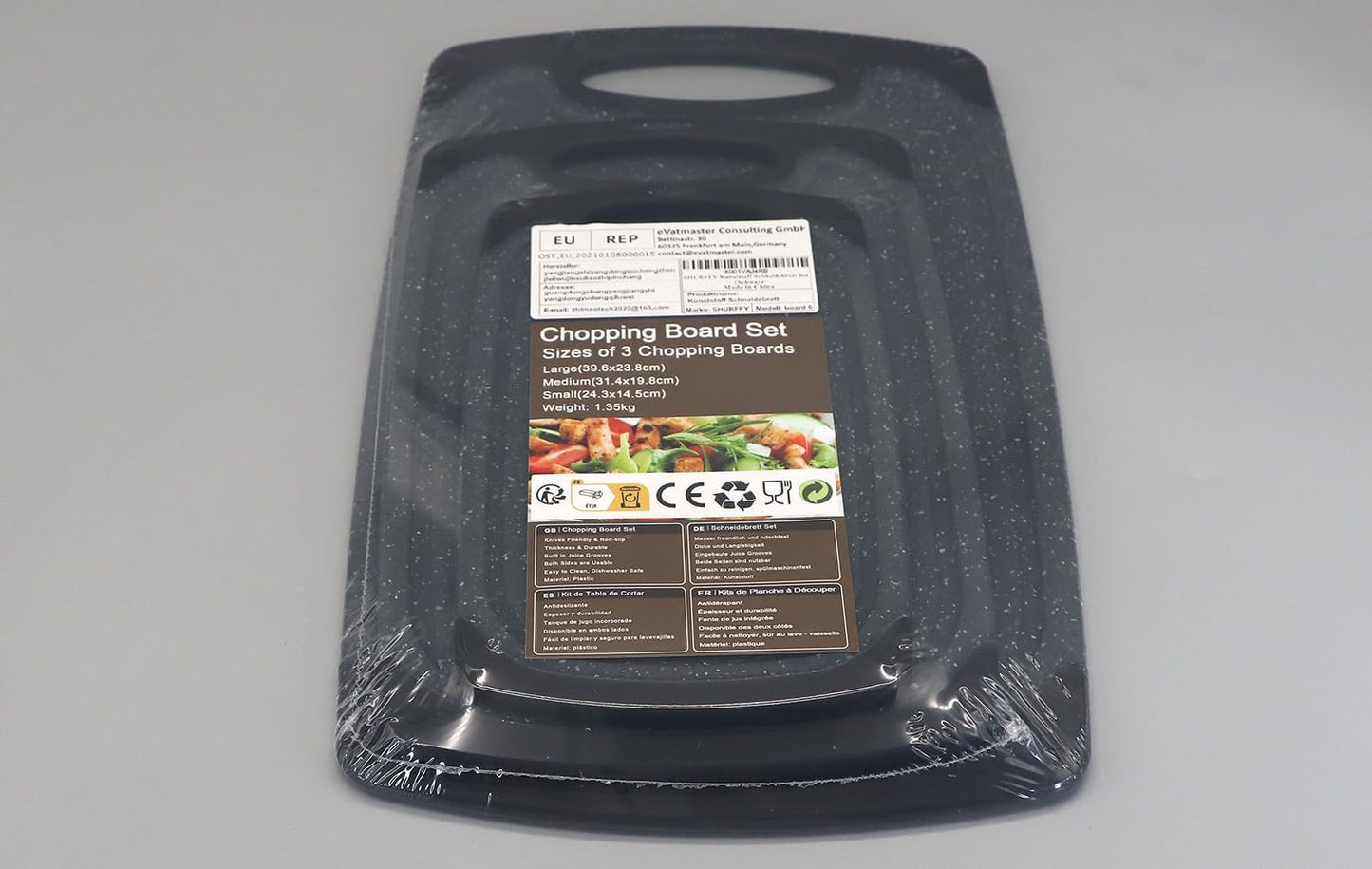 Chopping Board Set of 3, Small to Large, Chopping Boards for Kitchens with Non-Slip Feet and Deep Drip Juice Groove, Easy Grip Handle, BPA Free, Dishwasher Safe Cutting Board (Black)