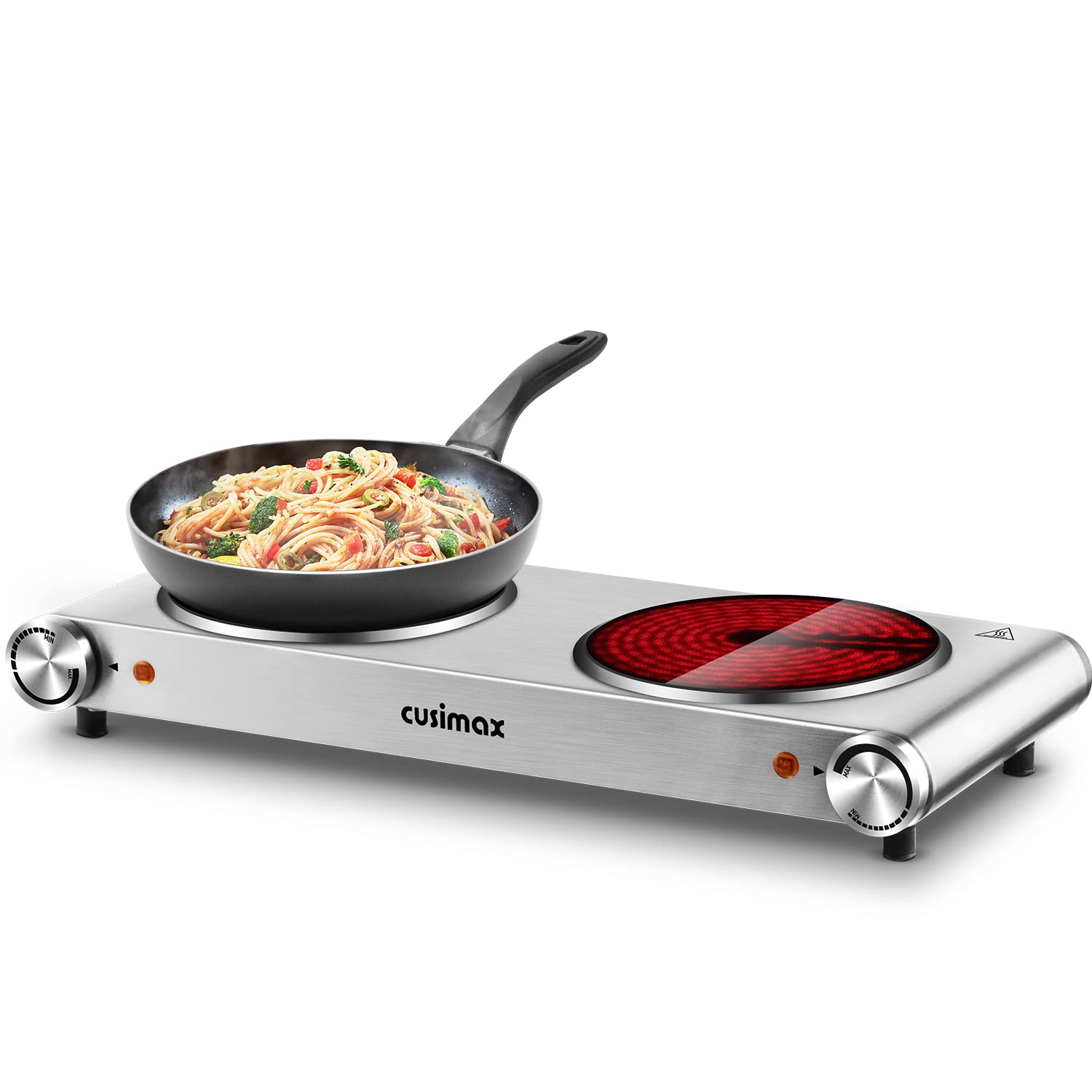 Double Hot Plate, CUSIMAX Electric Hot Plate for Cooking Portable Electric Hob, Cooktop Table Top Hob with 2 Cast Iron Rings Double Burner with Dual Temperature Control Stainless Steel