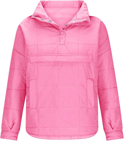 Womens Puffer Pullover Jacket Lightweight Quilted Dolman Hoodies Jackets Quarter Button Full Zip Casual Padded Coats Autumn and Winter Warm Baggy Comfort Outerwear for Hiking Traveling