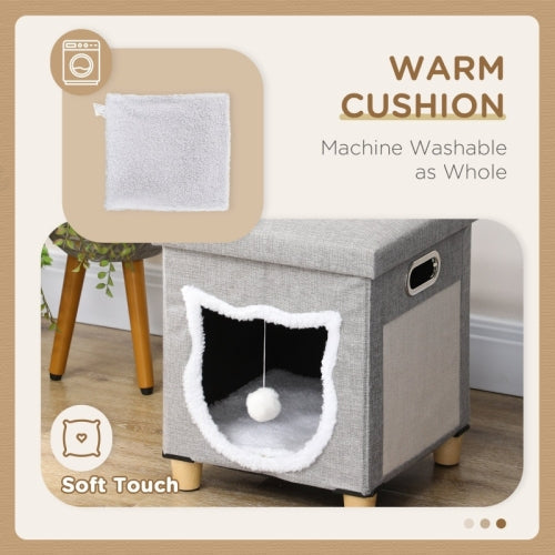 PawHut Cat House Cave, Cat Bed Cube With Scratching Pad, Soft Detachable & Washable Cushion, Toy Ball, For Indoor Kittens, Grey