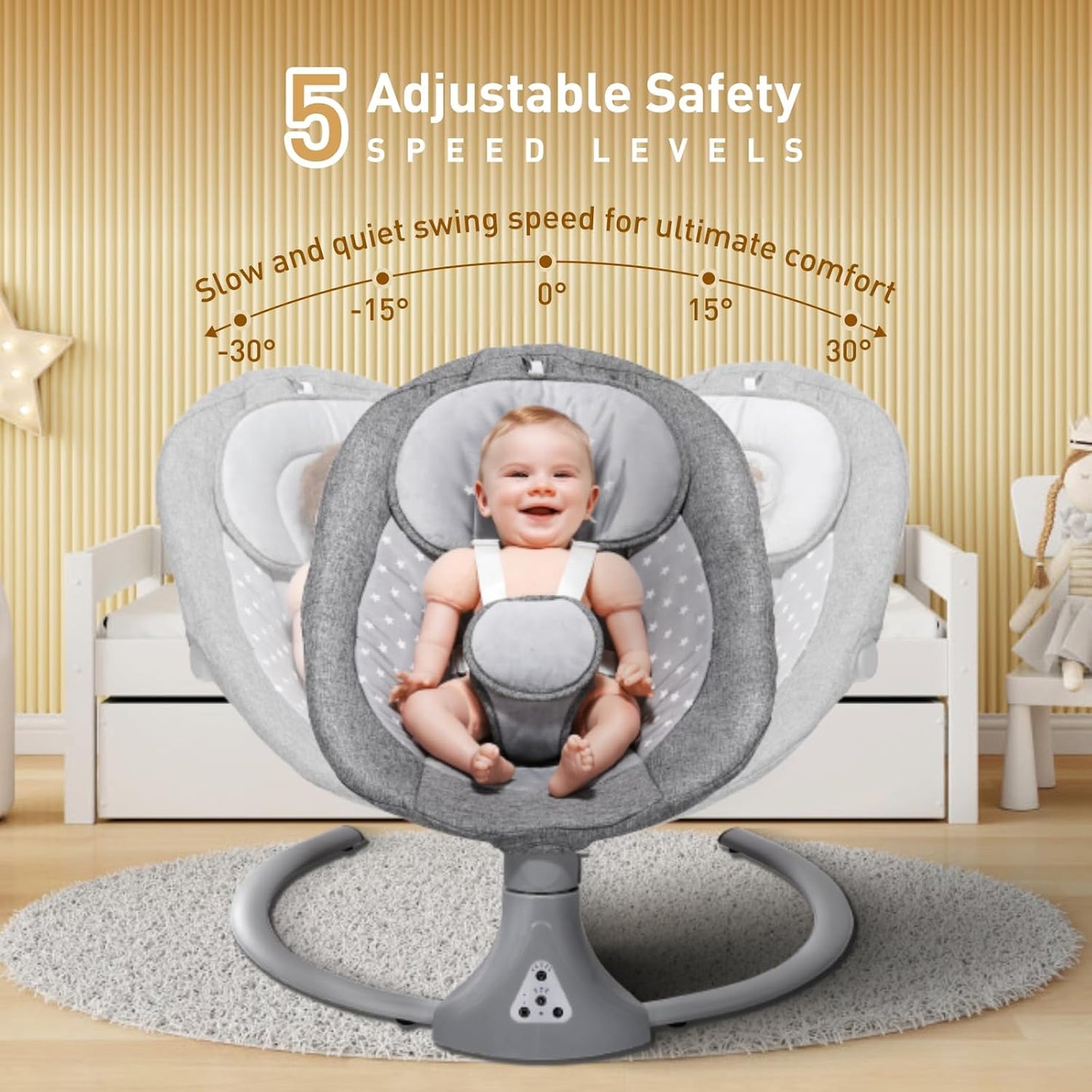 Baby Swing Chair: Baby Bouncer from Birth with Bluetooth Remote Control | Cordless 5-Speed Levels 12 Lullabies & 3 Timers | 3 Adjustable Angles & Electric Rocking Chair for Newborn | Gray