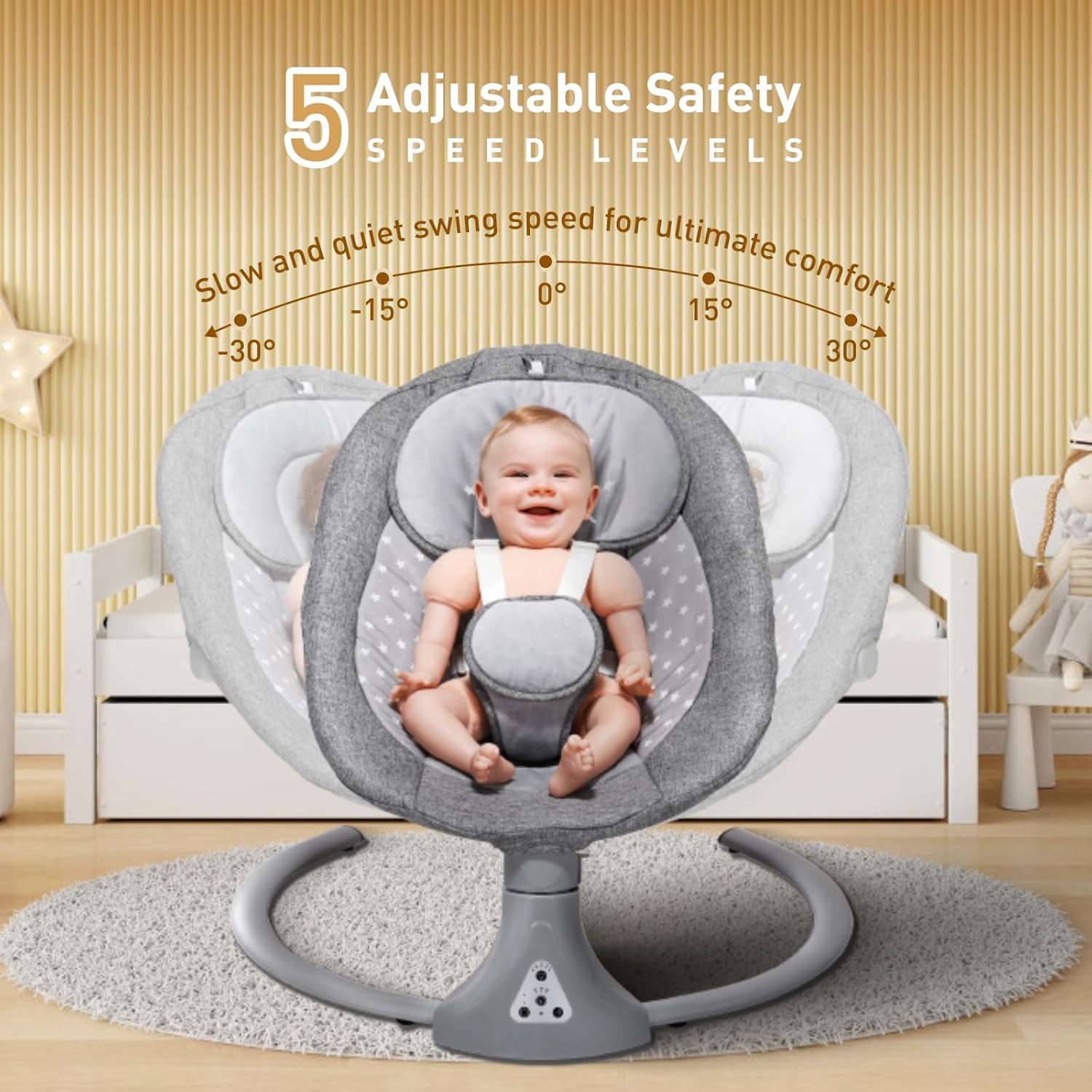 Baby Swing Chair: Baby Bouncer from Birth with Bluetooth Remote Control | Cordless 5-Speed Levels 12 Lullabies & 3 Timers | 3 Adjustable Angles & Electric Rocking Chair for Newborn | Gray