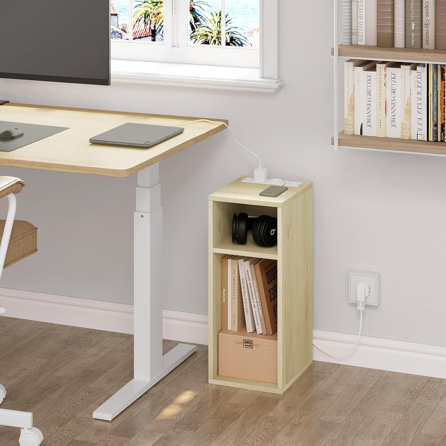 WOLTU Bedside Table, Nightstand with Charging Station with 2 Sockets and 2 USB Ports, Light Woodlook Side Table with 2 Open Compartments, Narrow Table for Living Room and Bedroom, 25x30x60cm, NTS06hei