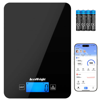 ACCUWEIGHT 201 Digital Kitchen Scales with Tempered Glass Platform (Batteries included), Electronic Weighing Food Scale with Backlit LCD, Multifunction for Office School Home Baking Cooking, 5kg/11lb