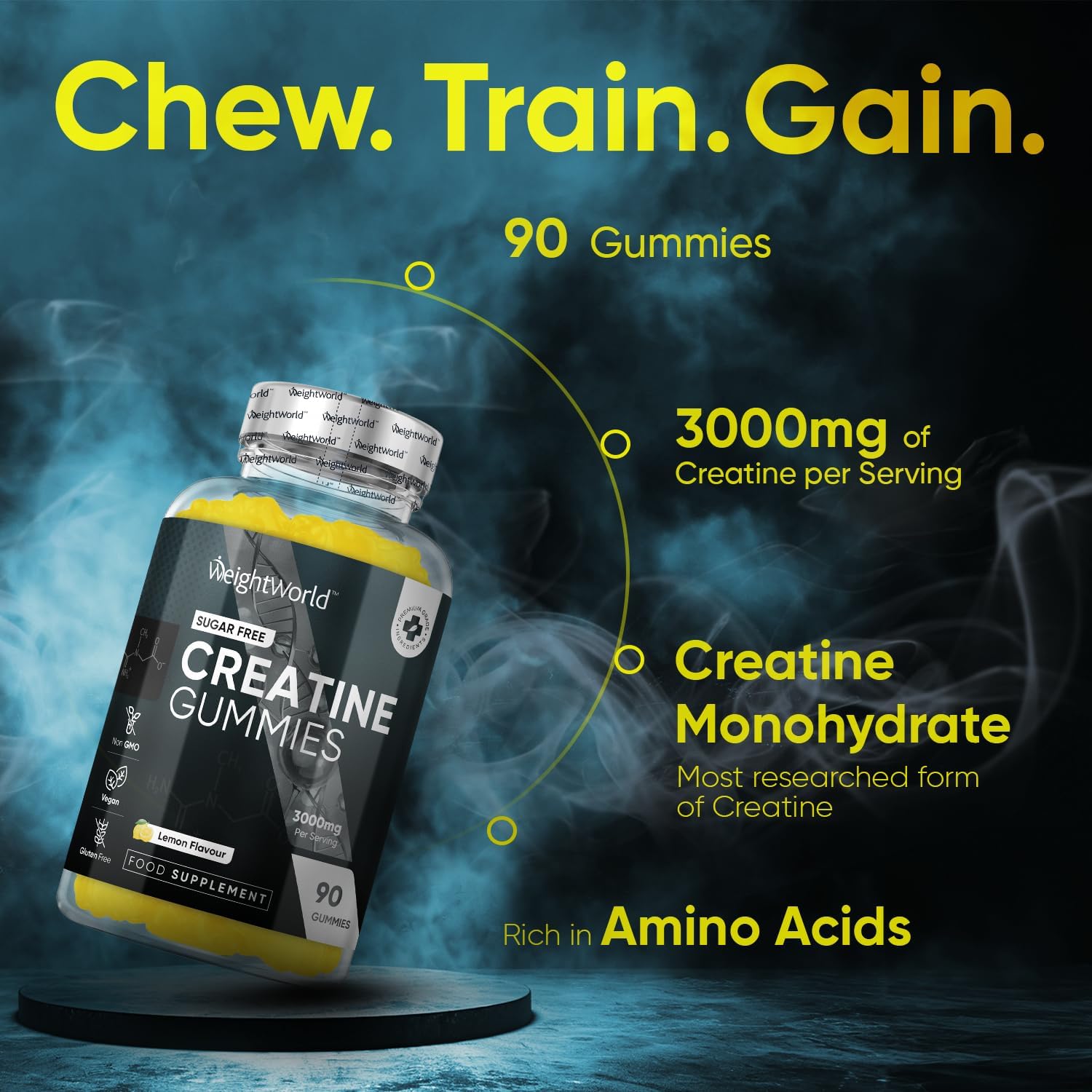 Creatine Gummies for Men & Women - 90 Chewable Creatine Monohydrate Gummies (1 Month Supply) - Natural Lemon Flavoured - Pre Workout Gym Supplement
