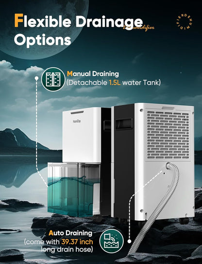 Dehumidifiers for Home Damp, Compressor Dehumidifier with Laundry Dry, Digital Humidity Display, Ultra-quiet, Energy-efficient, Continuous Drainage and 24 Hour Timer, Ideal for Damp, Laundry Drying