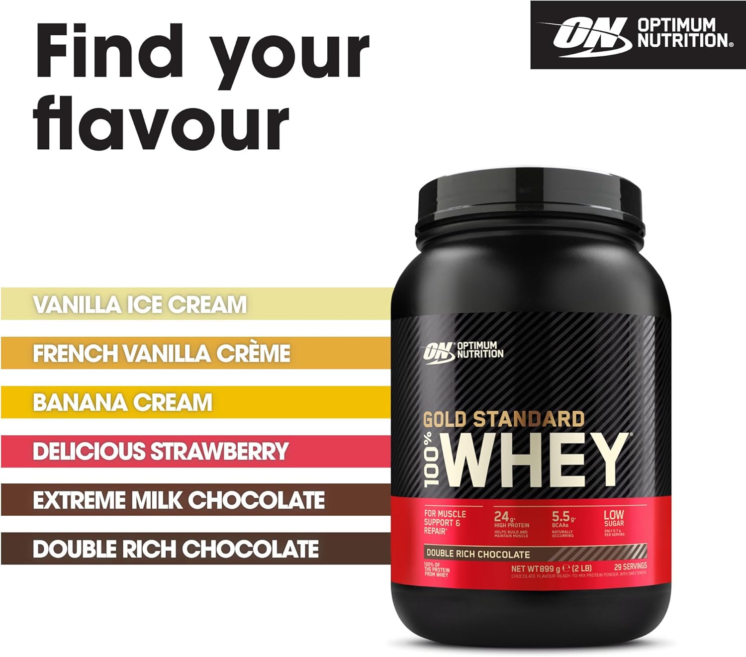 Optimum Nutrition Gold Standard Whey Protein, Muscle Building Powder with Naturally Occurring Glutamine and Amino Acids, Double Rich Chocolate, 29 Servings, 899 g, Packaging May Vary