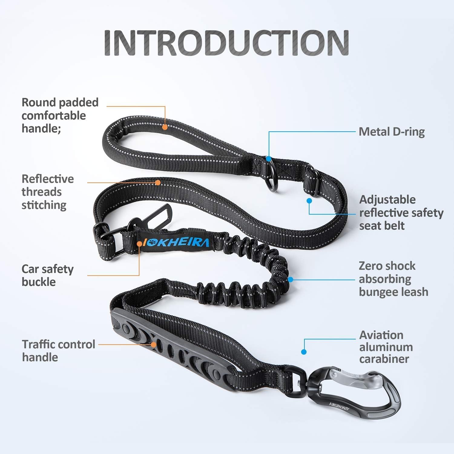 IOKHEIRA Bungee Dog Leash, Anti Pull Dog Leads with Car Seat Belt Buckle, Reflective Thread Dog Leads with Traffic Control Handle, Adjustable Dog Leash for Small Medium Large Dogs