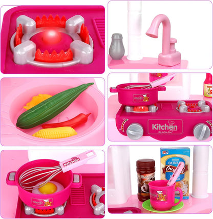 deAO My Little Chef Kitchen Play Set with 30 Accessories for Children, Features Light and Sound for Children (Pink)