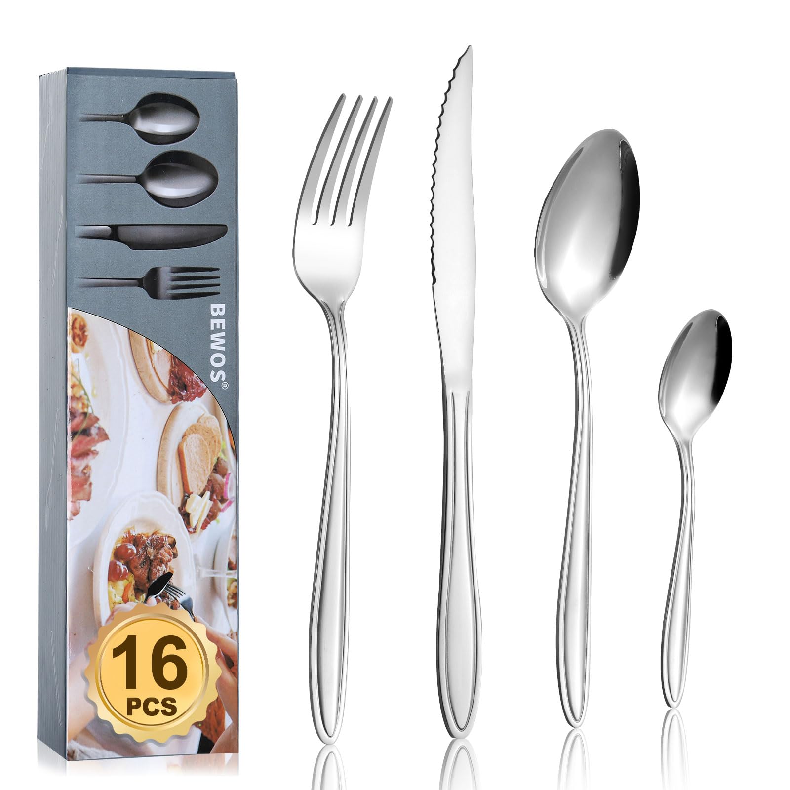 Cutlery Set, BEWOS 16-Piece Stainless Steel Flatware Set, Tableware Silverware Set with Rainbow Spoon Knife and Fork Set, Service for 4, Dishwasher Safe/Easy Clean, Mirror Polished