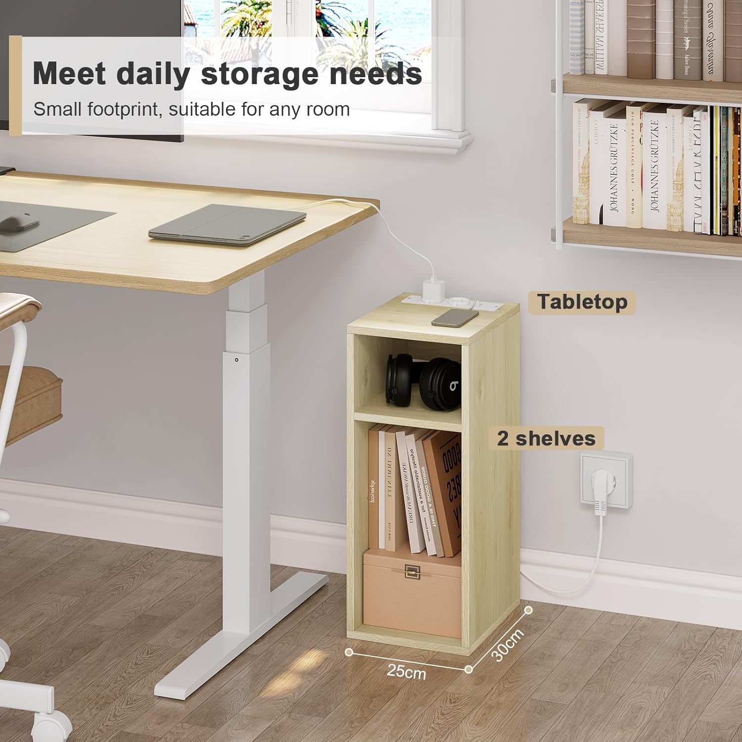WOLTU Bedside Table, Nightstand with Charging Station with 2 Sockets and 2 USB Ports, Light Woodlook Side Table with 2 Open Compartments, Narrow Table for Living Room and Bedroom, 25x30x60cm, NTS06hei