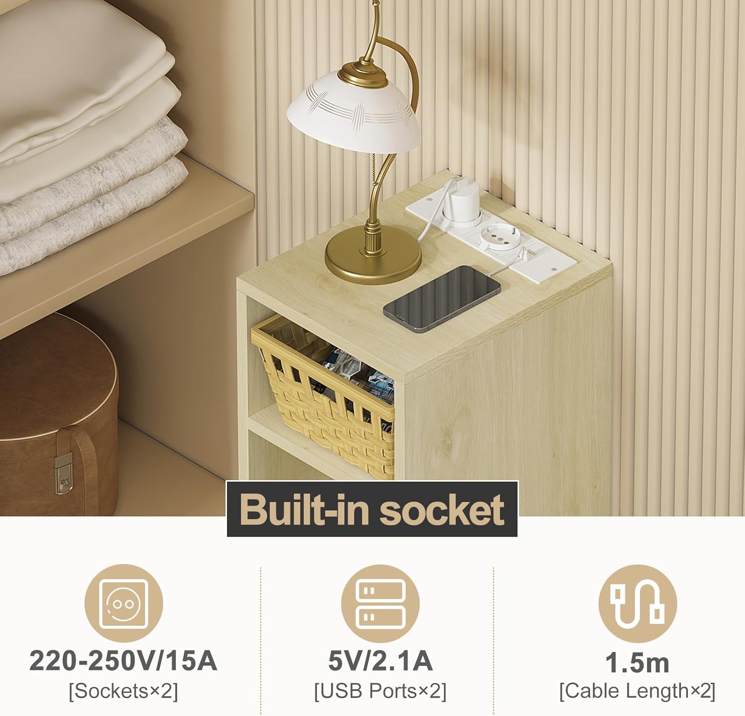 WOLTU Bedside Table, Nightstand with Charging Station with 2 Sockets and 2 USB Ports, Light Woodlook Side Table with 2 Open Compartments, Narrow Table for Living Room and Bedroom, 25x30x60cm, NTS06hei