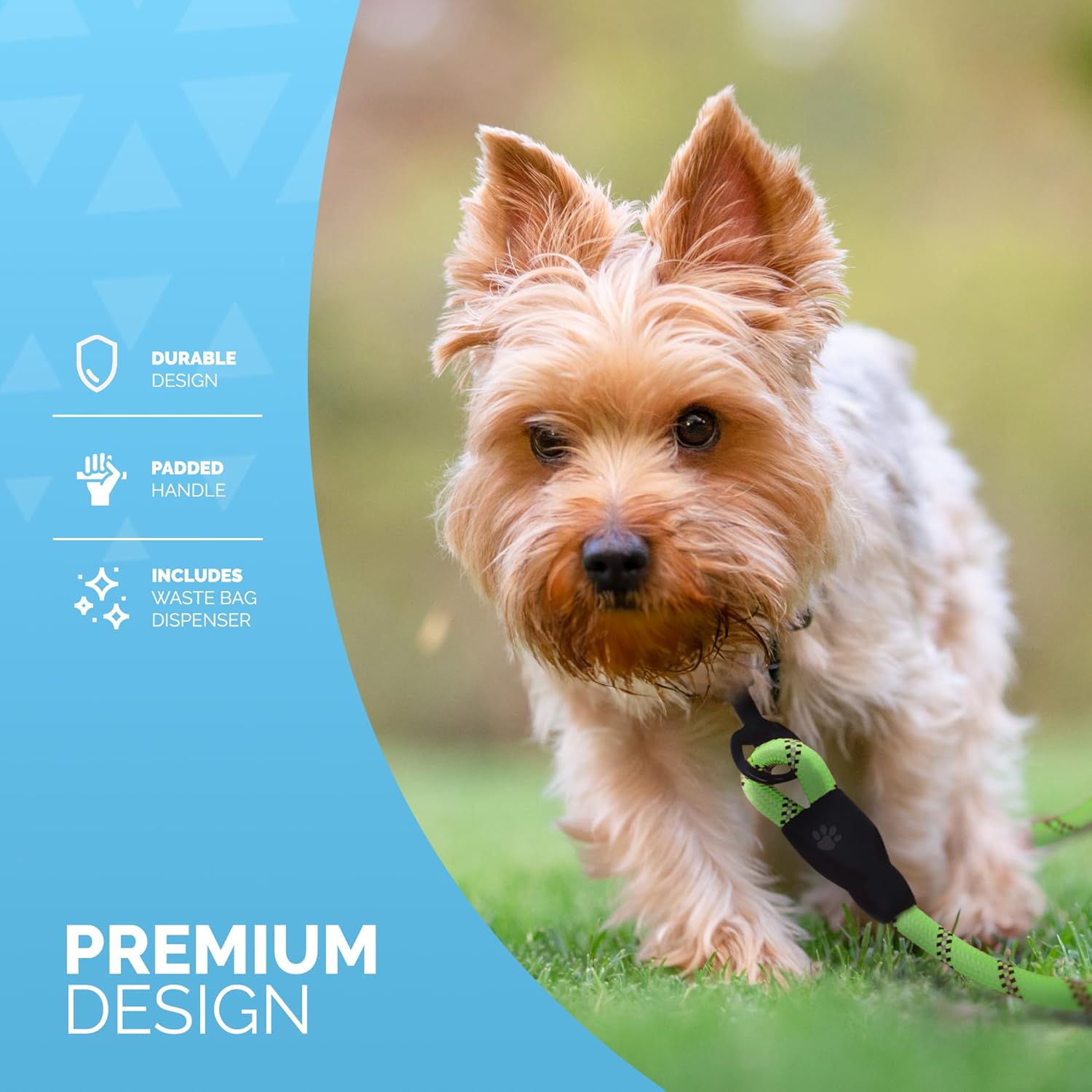 1.5m (5ft) Slip-On Dog Lead - One-Size-Fits-All Leash with Soft Padded Handle & Highly Reflective Threads - Durable & Weather Resistant Climbers Rope for Dogs - Waste bag dispenser included