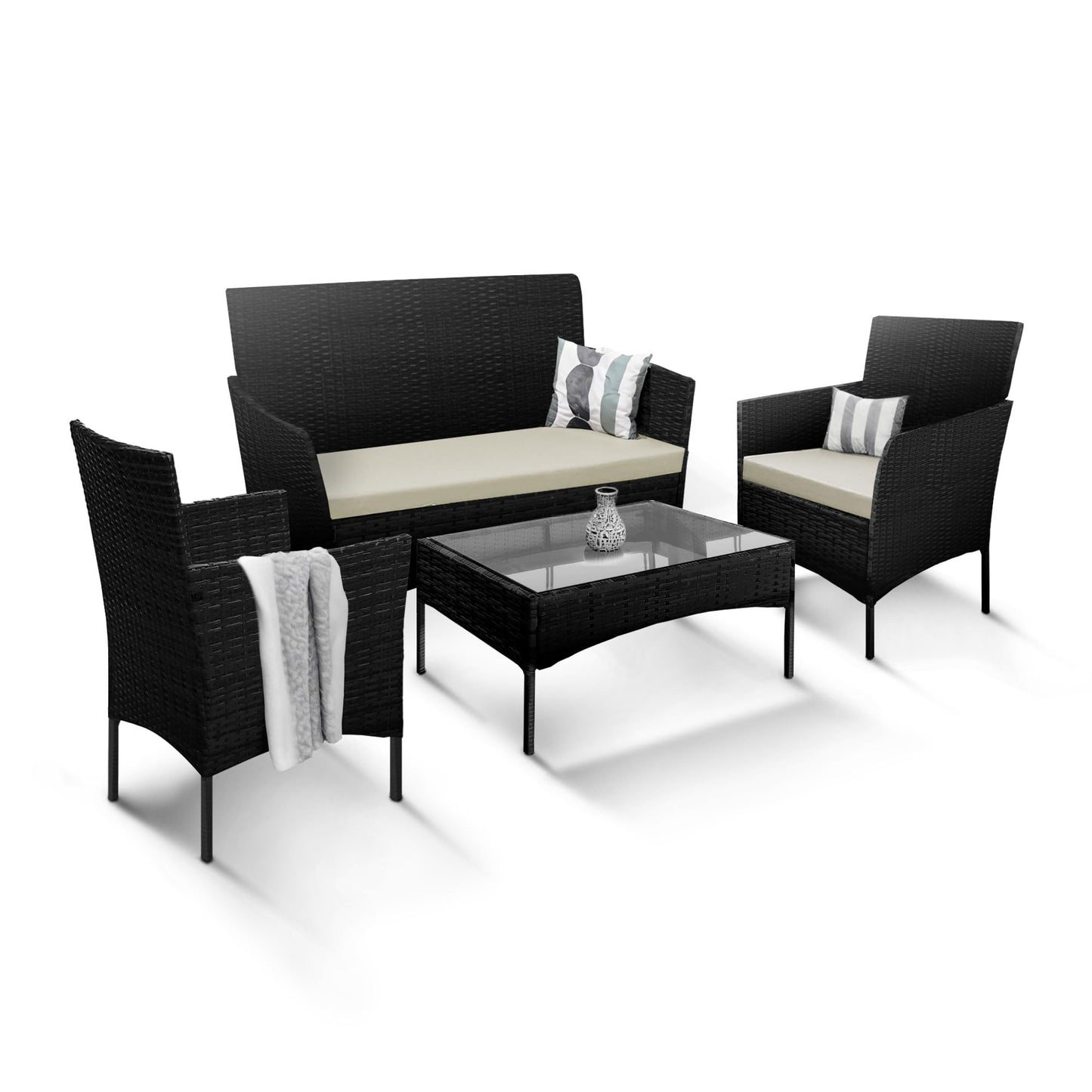 KEPLIN Mesh 4 Piece Garden Furniture Set, Modern Outdoor Patio Set with Easy Assembly, Comfortable & Durable Outdoor Furniture, Ideal Conversation Set for Gardens, Balconies, Poolside, Black