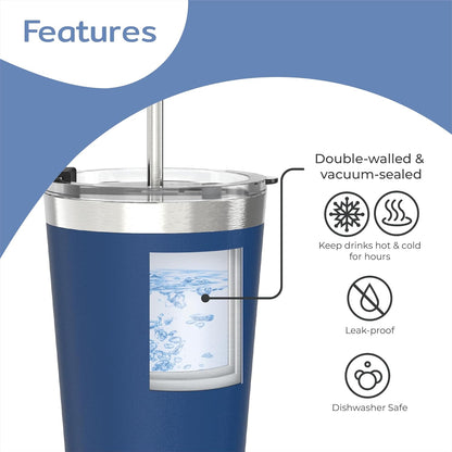 BOZ Insulated Tumbler Cup - Stainless Steel with Lid and Straw - Thermal Cup Perfect for Hot and Cold Drinks - BPA Free (650 ml / 22oz, Blue)