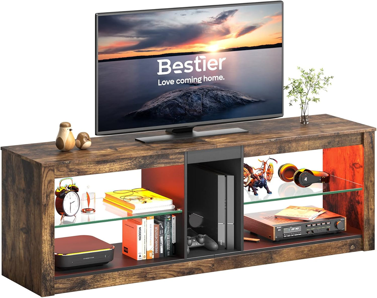 Bestier TV Stand Cabinet 140CM Entertainment Center Led Tv Stand Modern TV Unit with Glass Shelf RGB LED Lighted for 65 inch TVs with Ambient Lights for Living Room Bedroom (Rustic Brown)