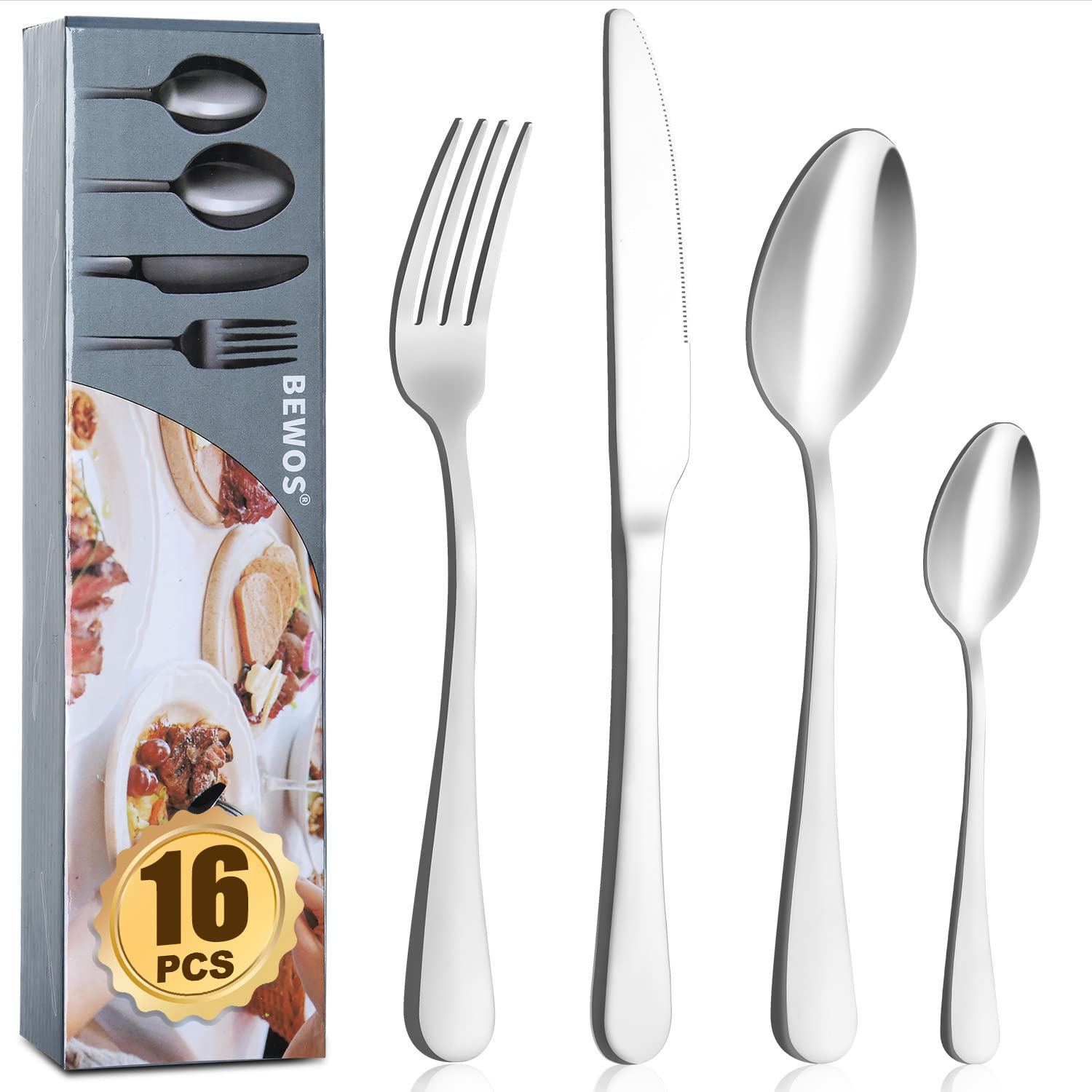 Cutlery Set, BEWOS 16-Piece Stainless Steel Flatware Set, Tableware Silverware Set with Rainbow Spoon Knife and Fork Set, Service for 4, Dishwasher Safe/Easy Clean, Mirror Polished