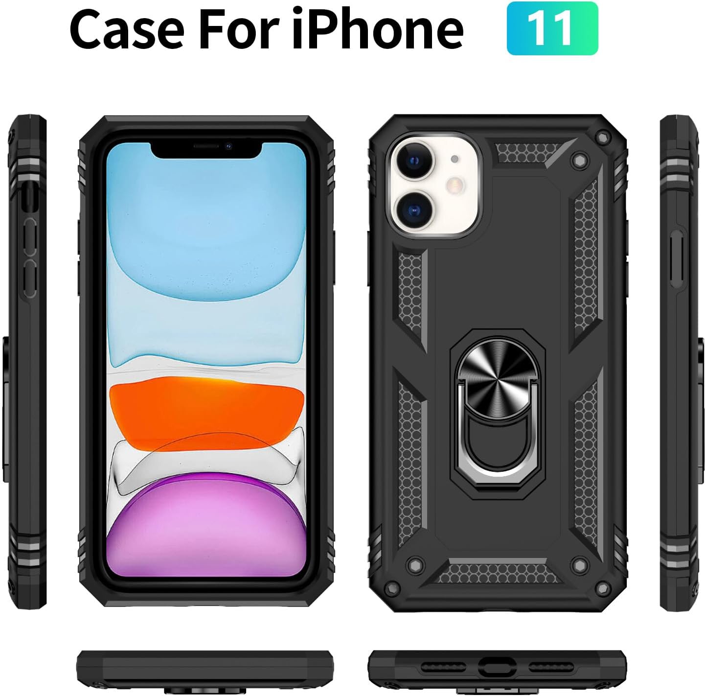 Yiakeng iPhone 11 Phone Case, iPhone 11 Case With Screen Protector, Silicone Shockproof Military Grade Protective Phone Cover with Ring Kickstand for iPhone 11 (Black)